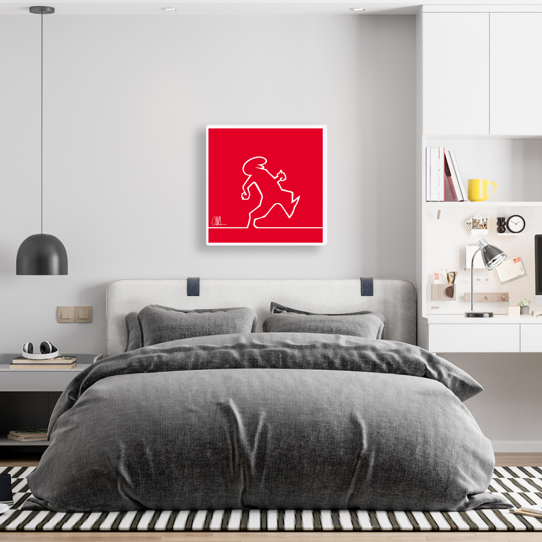 Ambientazione Illustrazione minimalista di Mr. Linea camminando verso destra su sfondo rosso, con firma dell'artista Osvaldo Cavandoli.