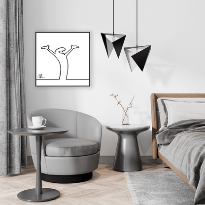 Ambientazione quadro minimalista di MrLINEA con le braccia alzate in segno di gioia ed esultanza, opera di Osvaldo Cavandoli.