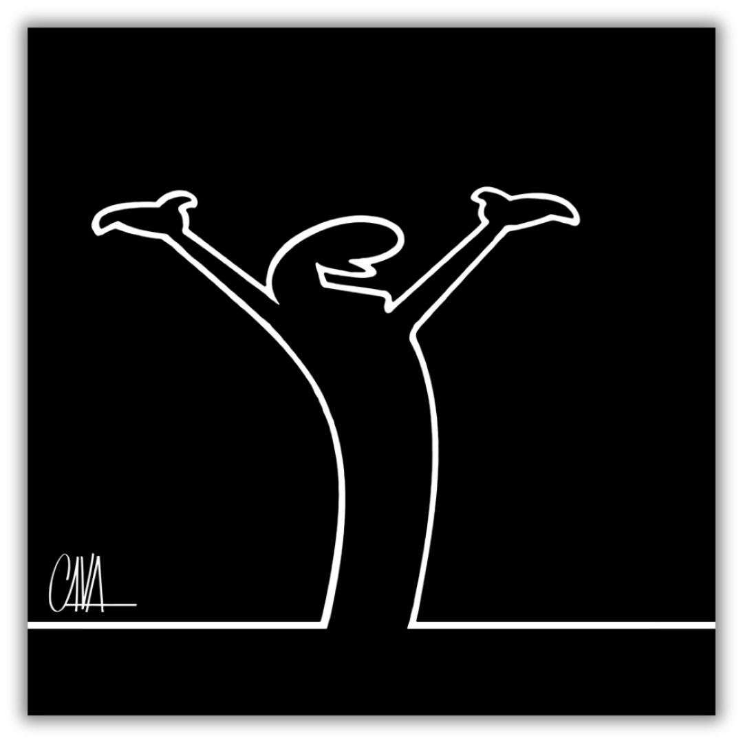 Quadro Immagine minimalista di MrLINEA con le braccia alzate in segno di gioia ed esultanza, in bianco su fondo nero, opera di Osvaldo Cavandoli.