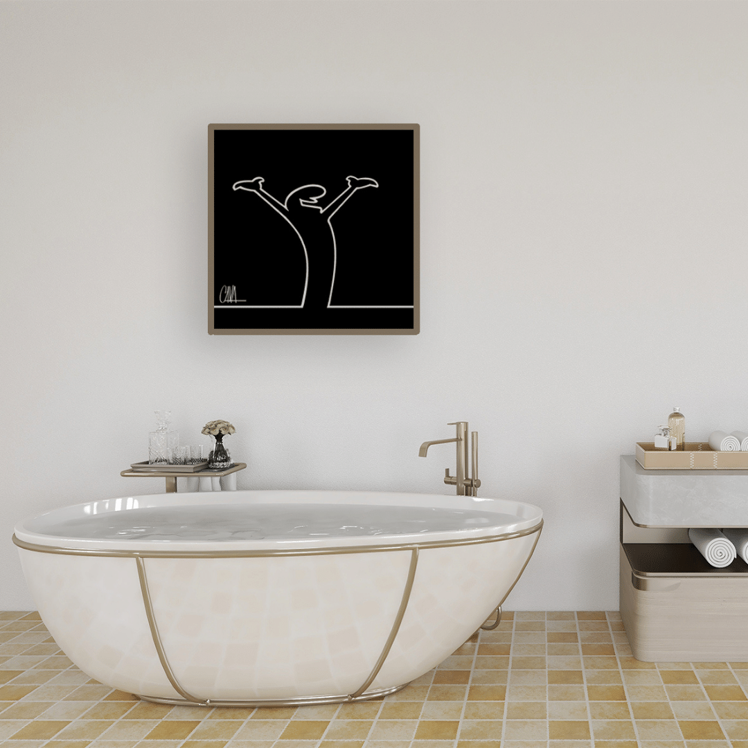 Ambientazione Immagine minimalista di MrLINEA con le braccia alzate in segno di gioia ed esultanza, in bianco su fondo nero, opera di Osvaldo Cavandoli.
