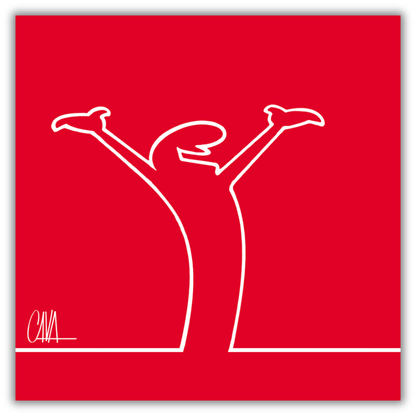 Quadro Immagine minimalista di MrLINEA con le braccia alzate in segno di gioia ed esultanza, in bianco su fondo rosso, opera di Osvaldo Cavandoli.