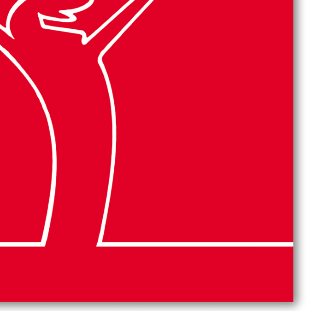 Dettaglio Immagine minimalista di MrLINEA con le braccia alzate in segno di gioia ed esultanza, in bianco su fondo rosso, opera di Osvaldo Cavandoli.