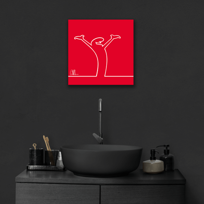 Ambientazione Immagine minimalista di MrLINEA con le braccia alzate in segno di gioia ed esultanza, in bianco su fondo rosso, opera di Osvaldo Cavandoli.