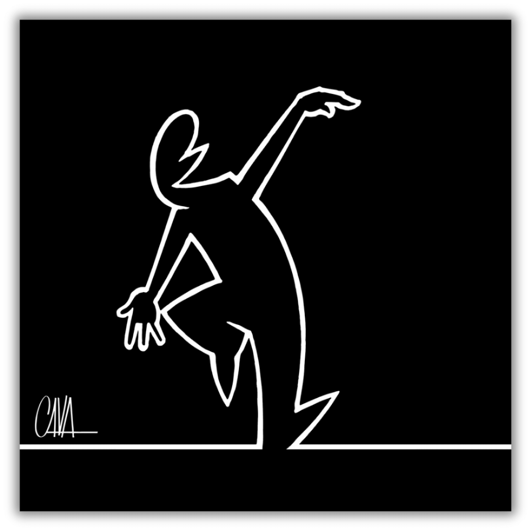 Quadro di MrLINEA rilassato senza pensieri, di Osvaldo Cavandoli, in silhouette bianca su fondo nero