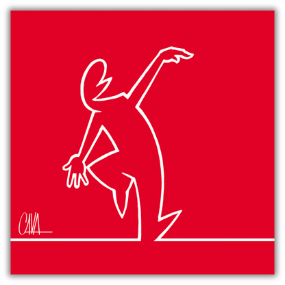 Quadro di MrLINEA rilassato senza pensieri, di Osvaldo Cavandoli, in silhouette bianca su fondo rosso.