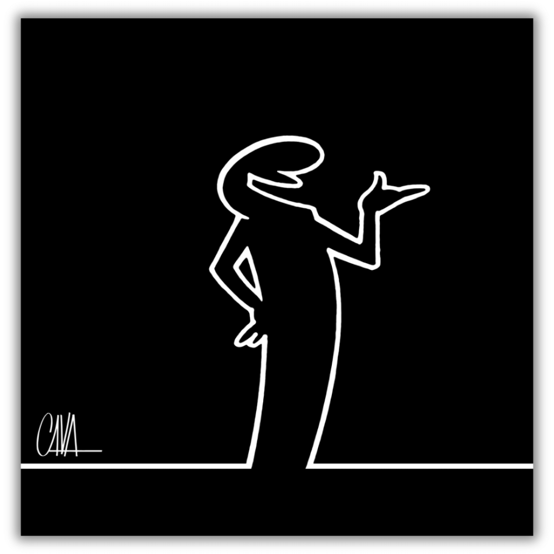 Quadro Silhouette di MrLINEA in una posa che indica parlare o conversare, in bianco su sfondo nero, opera di Cavandoli.