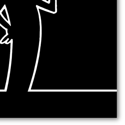 Dettaglio Silhouette di MrLINEA in una posa che indica parlare o conversare, in bianco su sfondo nero, opera di Cavandoli.