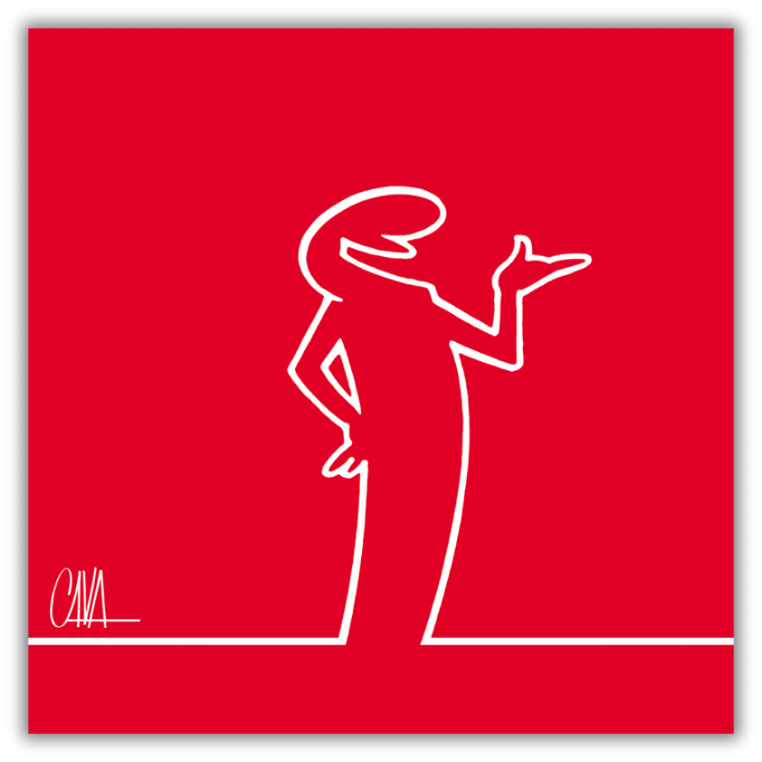 Quadro Silhouette di MrLINEA in una posa che indica parlare o conversare, in bianco su sfondo rosso, opera di Cavandoli.
