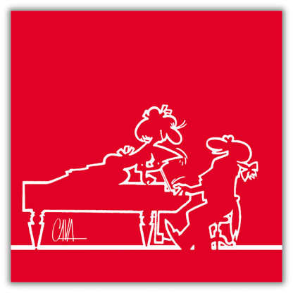 Quadro di MrLINEA Mozart-Trazom e la melodia d'amore di Osvaldo Cavandoli, rappresenta MrLINEA al pianoforte con una figura femminile in ascolto, in un'opera d'arte in bianco su fondo rosso che omaggiano Mozart e la musica classica.