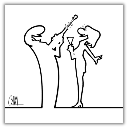Quadro Illustrazione 'MrLINEA, brindiamo? Cin Cin!' di Osvaldo Cavandoli, con figure che alzano i calici in un brindisi festoso.