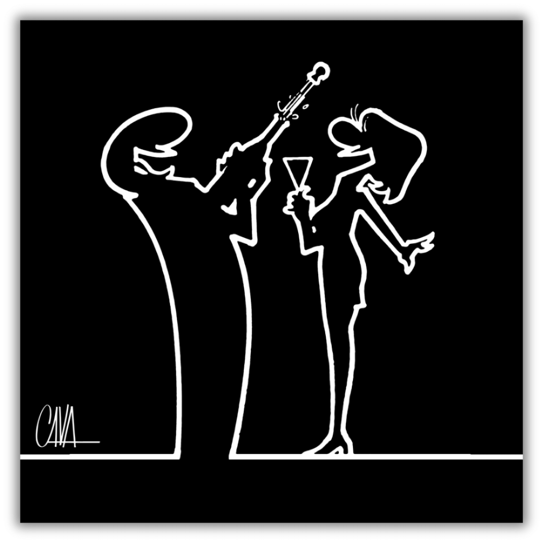 Quadro con fondo nero dell' Illustrazione 'MrLINEA, brindiamo? Cin Cin!' di Osvaldo Cavandoli, con figure che alzano i calici in un brindisi festoso.