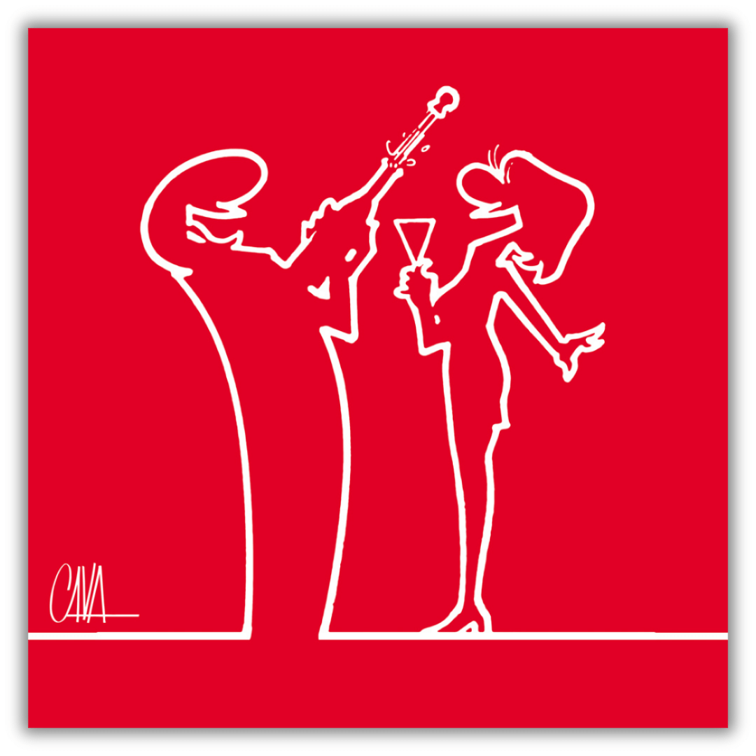 Quadro con fondo rosso dell' Illustrazione 'MrLINEA, brindiamo? Cin Cin!' di Osvaldo Cavandoli, con figure che alzano i calici in un brindisi festoso.