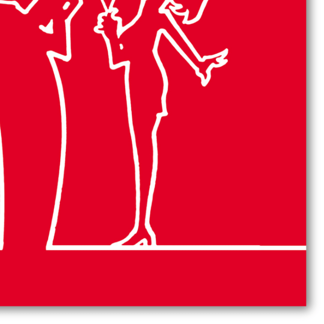 Dettaglio del Quadro con fondo rosso dell' Illustrazione 'MrLINEA, brindiamo? Cin Cin!' di Osvaldo Cavandoli, con figure che alzano i calici in un brindisi festoso.