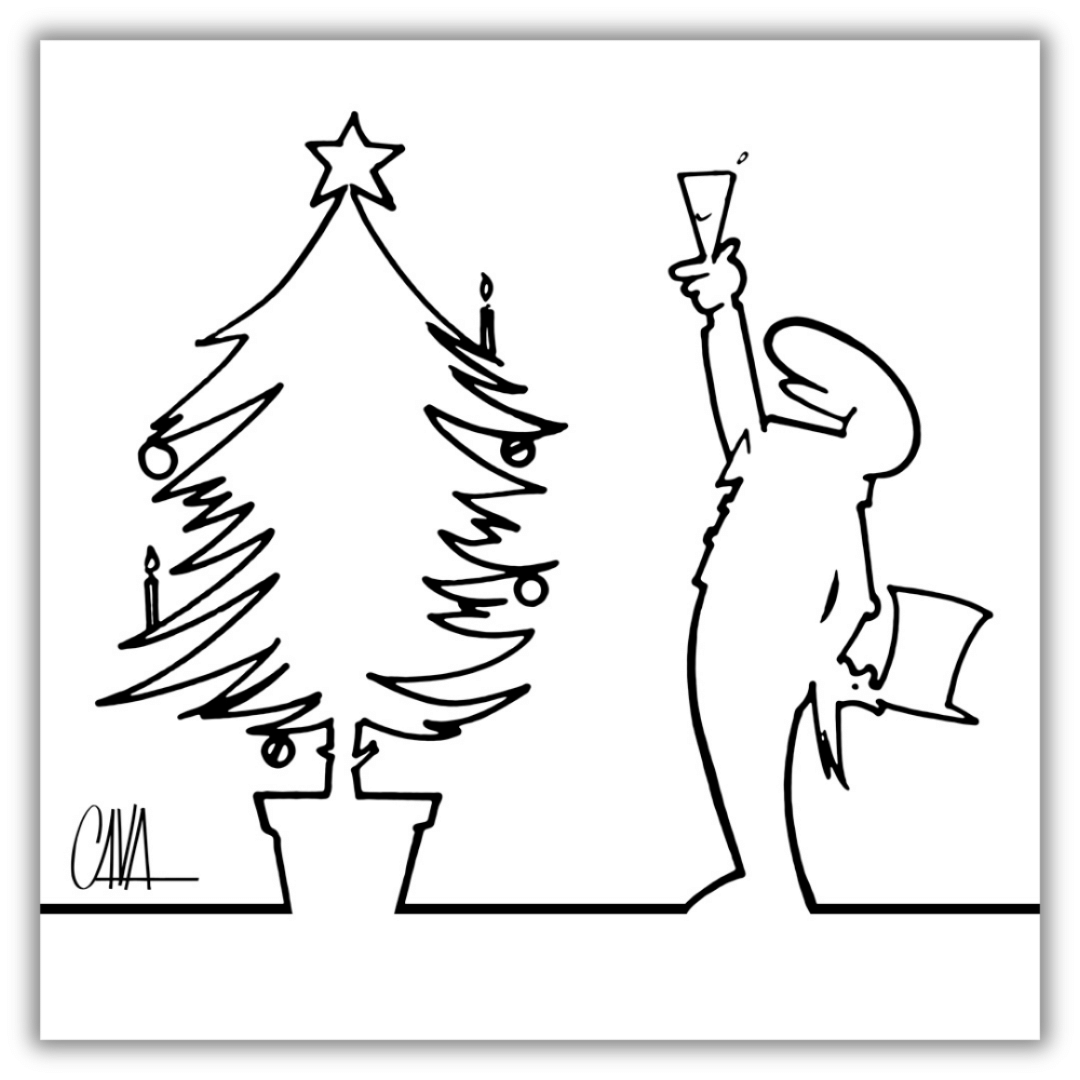 Quadro di MrLINEA in festa con 'Happy Christmas!' di Cavandoli, un brindisi alla gioia natalizia su uno sfondo bianco di stile minimalista.