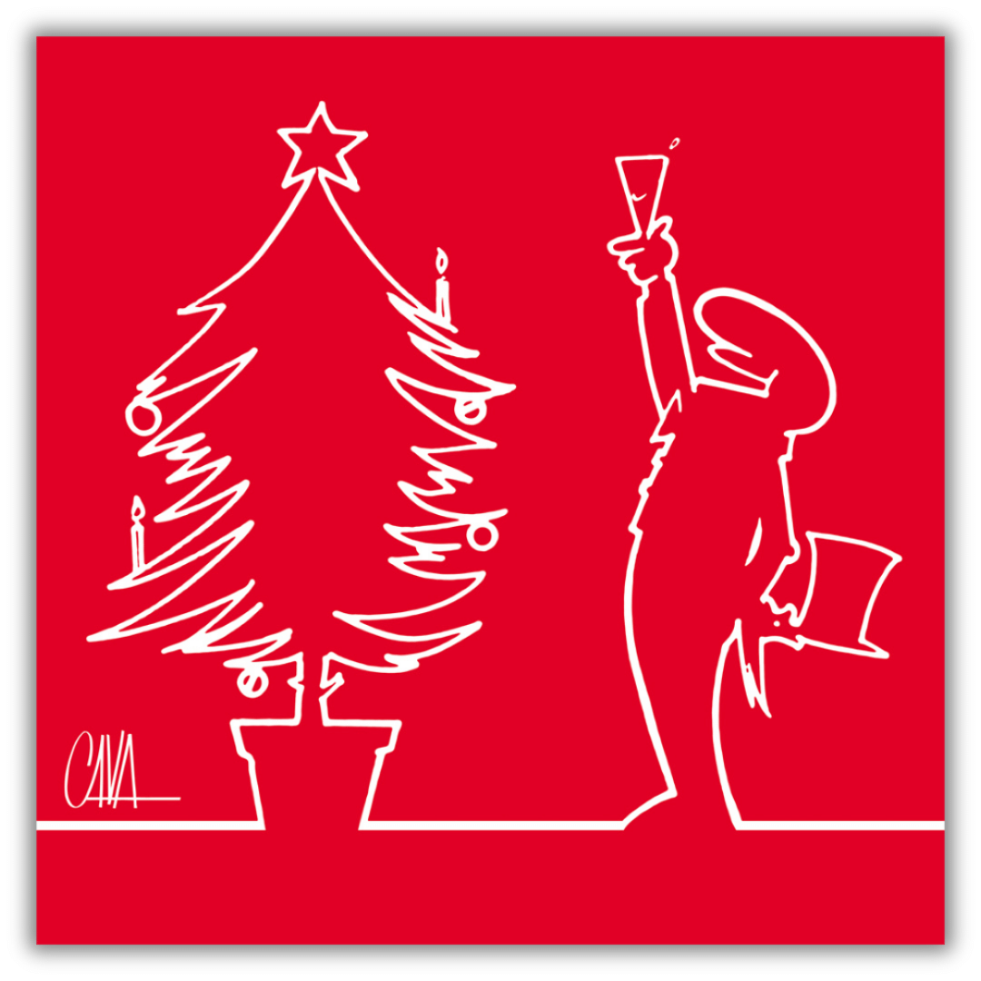 Quadro di MrLINEA in festa con 'Happy Christmas!' di Cavandoli, un brindisi alla gioia natalizia su uno sfondo rosso di stile minimalista.