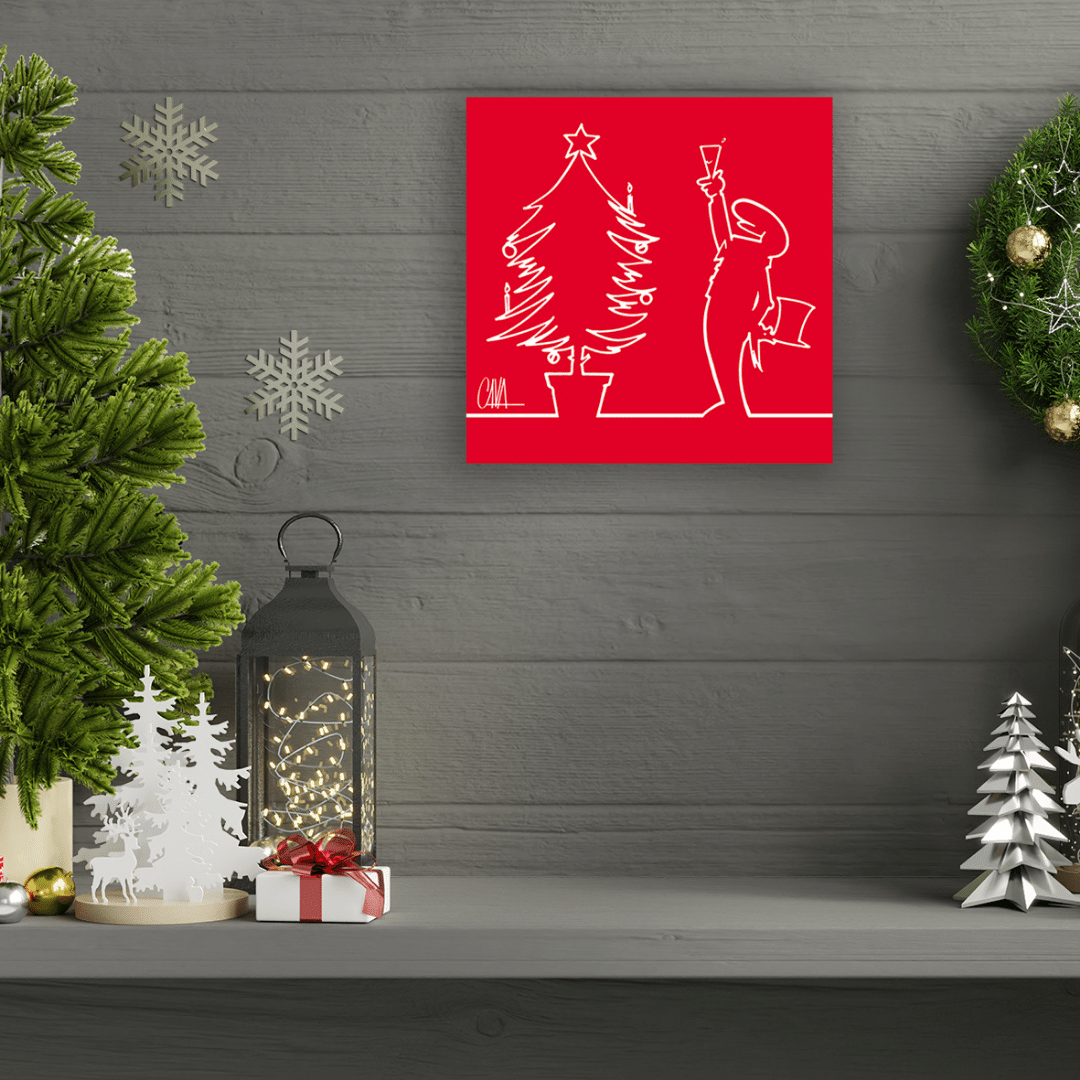 Ambientazione di MrLINEA in festa con 'Happy Christmas!' di Cavandoli, un brindisi alla gioia natalizia su uno sfondo rosso di stile minimalista.