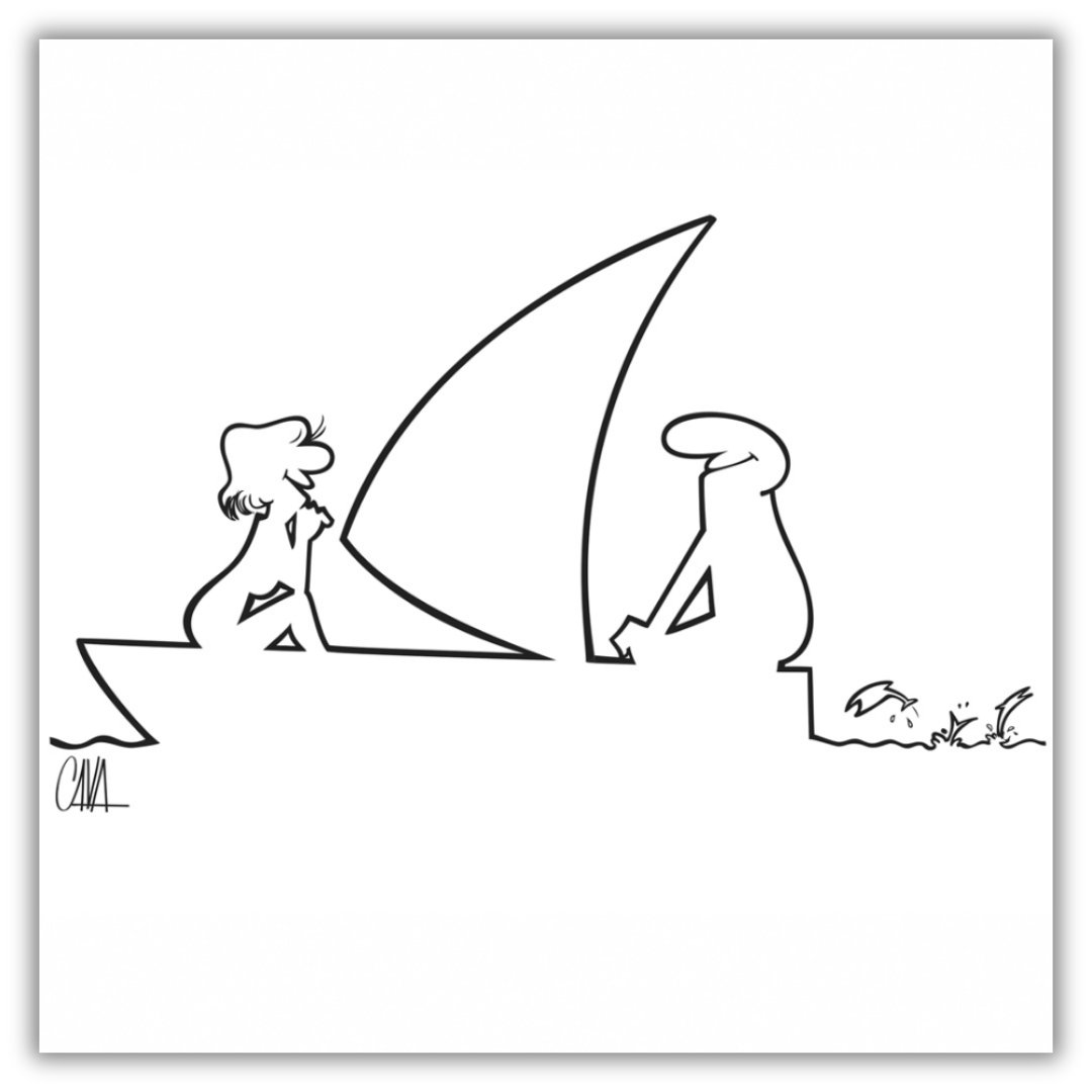 Quadro Immagine artistica minimalista di 'Avventura in Mare: Mr. Linea e la Vela' con figure stilizzate che navigano su una barca a vela.