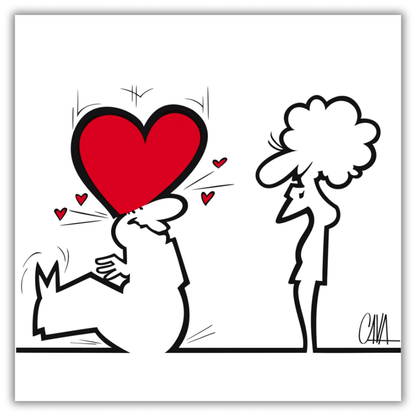 Quadro di MrLINEA mostra il suo cuore in 'fall in love' di Cavandoli, una dichiarazione d'amore artistica in bianco, nero e rosso.