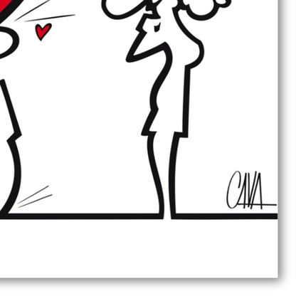 Dettaglio di MrLINEA mostra il suo cuore in 'fall in love' di Cavandoli, una dichiarazione d'amore artistica in bianco, nero e rosso.