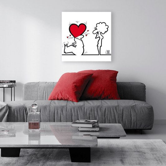 Ambientazione di MrLINEA mostra il suo cuore in 'fall in love' di Cavandoli, una dichiarazione d'amore artistica in bianco, nero e rosso.