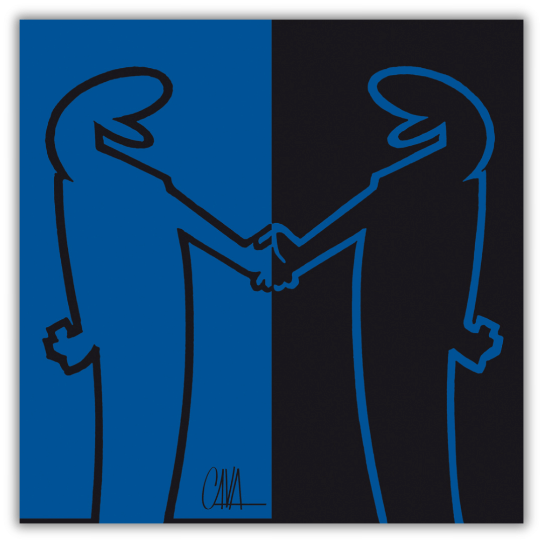 Quadro 'MrLINEA, Forza neroazzurri!' di Cavandoli, rappresentazione artistica dell'unione e dello spirito calcistico.