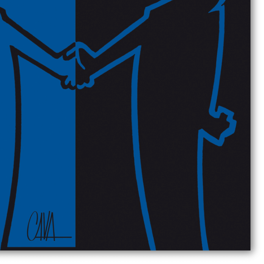 Dettaglio del quadro 'MrLINEA, Forza neroazzurri!' di Cavandoli, rappresentazione artistica dell'unione e dello spirito calcistico.