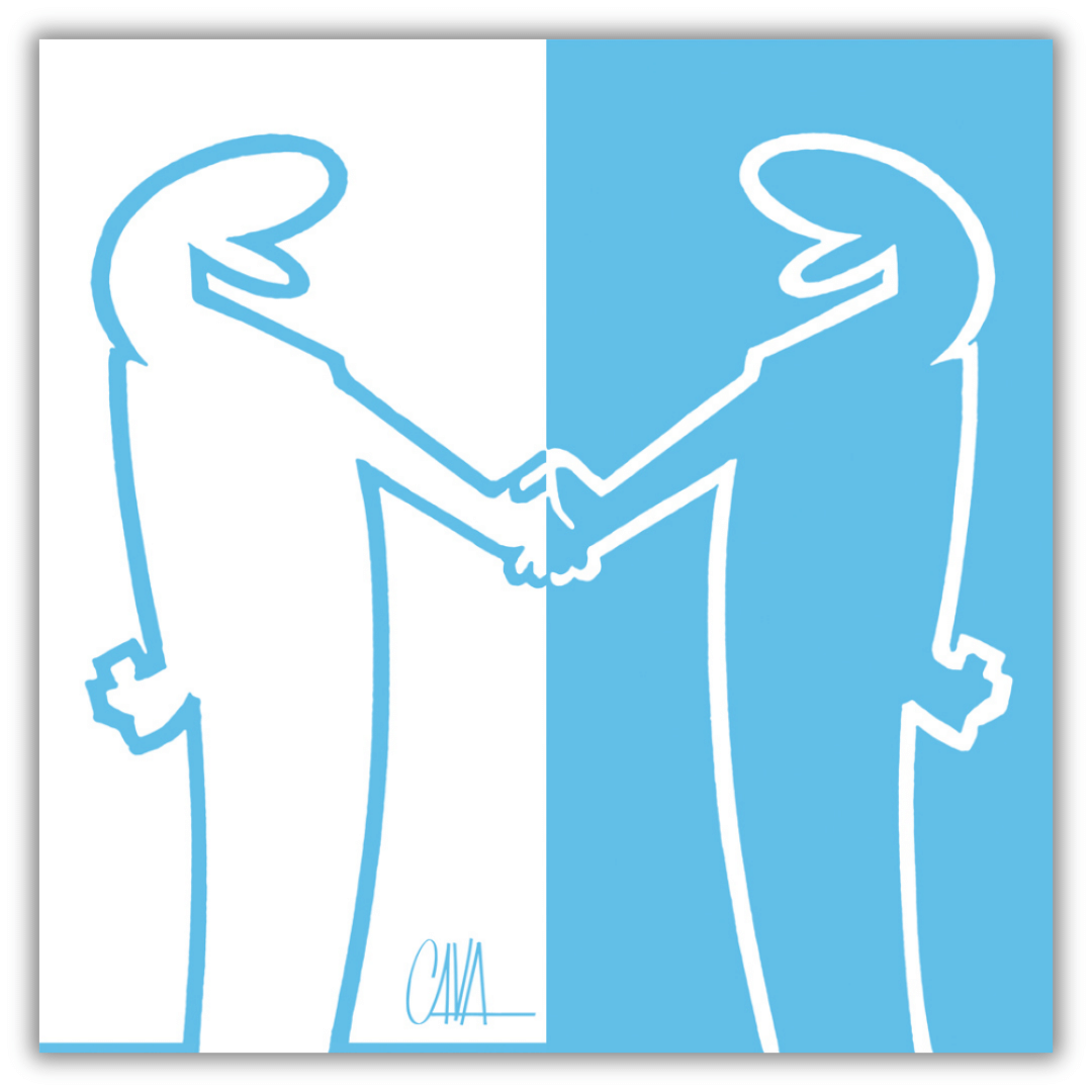 Quadro 'MrLINEA, Forza azzurri!' di Cavandoli, con MrLINEA in bianco e blu che stringe la mano, esprimendo supporto sportivo.
