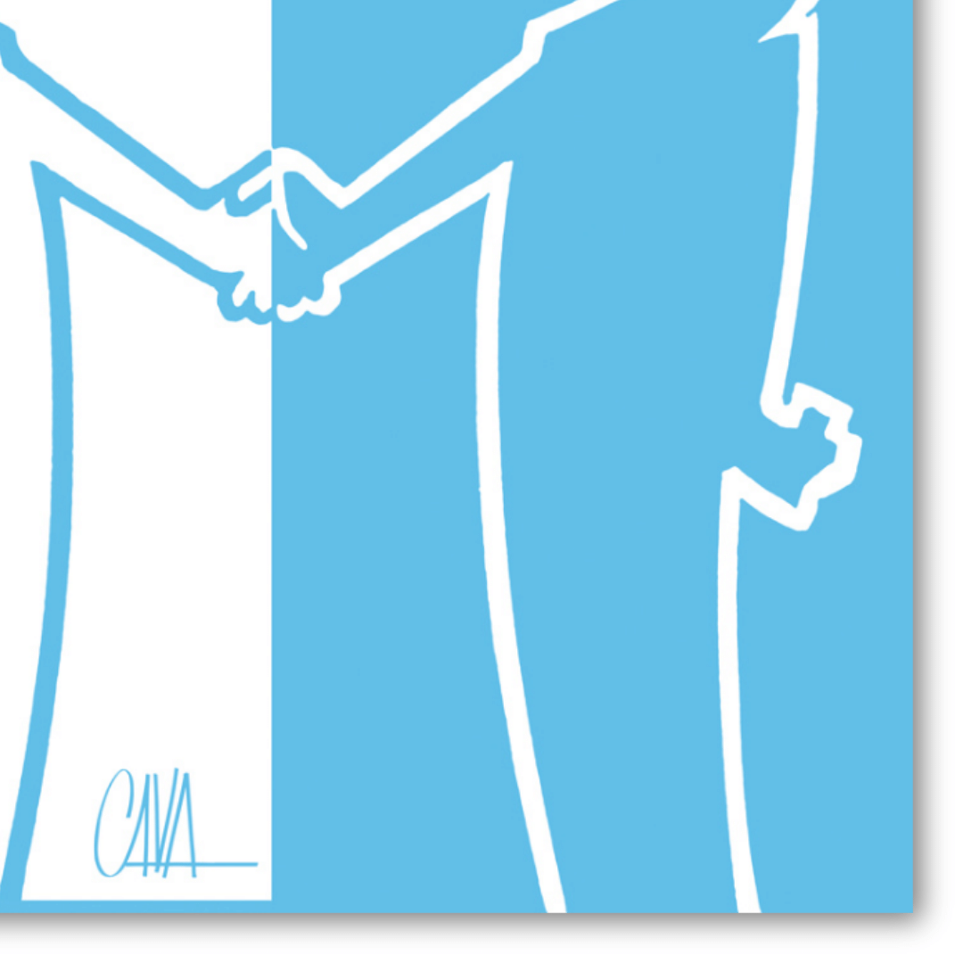 Dettaglio del quadro 'MrLINEA, Forza azzurri!' di Cavandoli, con MrLINEA in bianco e blu che stringe la mano, esprimendo supporto sportivo.
