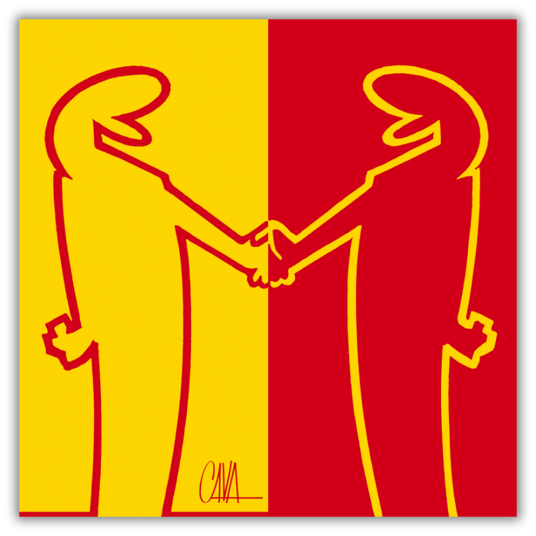 Quadro 'MrLINEA, Forza giallorossi!' di Osvaldo Cavandoli, omaggio artistico alla passione calcistica giallorossa.