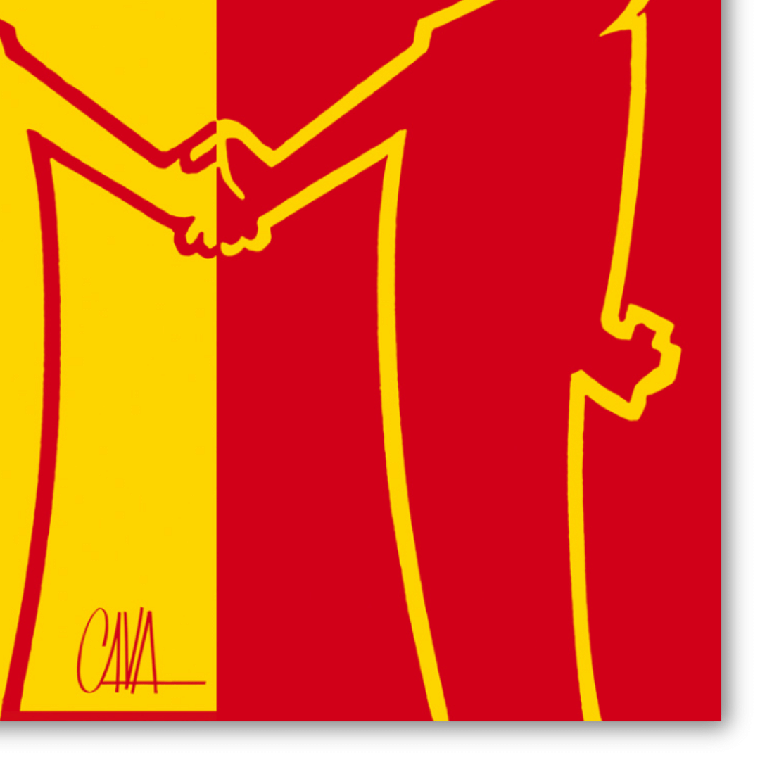 Dettaglio del quadro 'MrLINEA, Forza giallorossi!' di Osvaldo Cavandoli, omaggio artistico alla passione calcistica giallorossa.