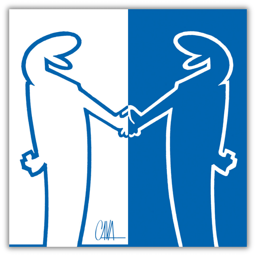 Quadro 'MrLINEA, Forza azzurri!' di Cavandoli, con MrLINEA in bianco e blu che stringe la mano, esprimendo supporto sportivo.