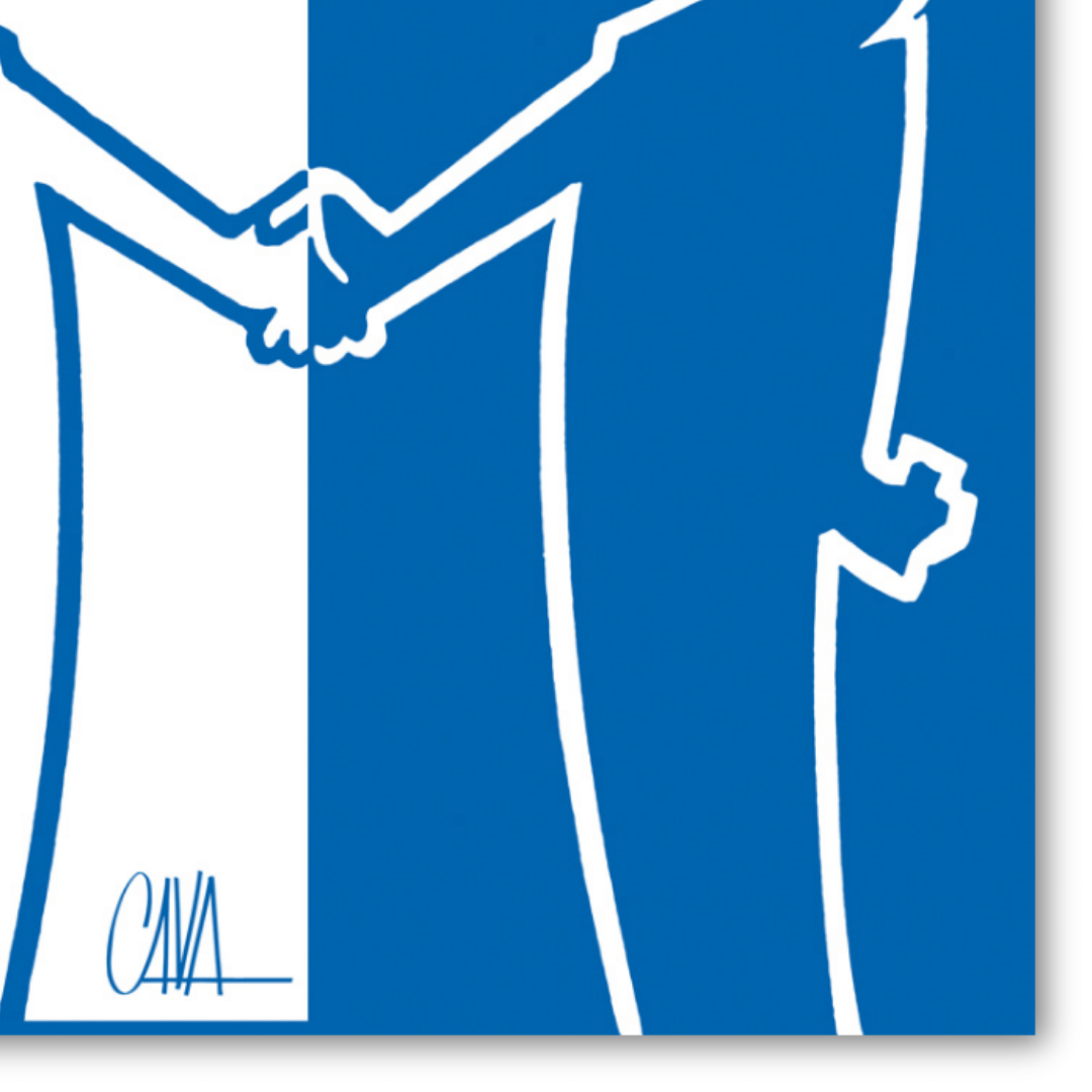 Dettaglio del quadro 'MrLINEA, Forza azzurri!' di Cavandoli, con MrLINEA in bianco e blu che stringe la mano, esprimendo supporto sportivo.