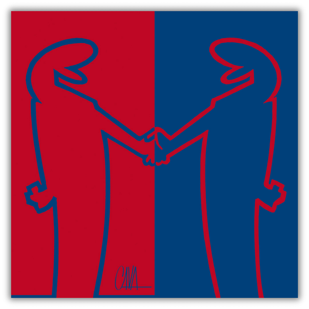 Quadro "MrLINEA, Forza rossoblu!" con due figure stilizzate che si stringono la mano su uno sfondo diviso in rosso e blu.