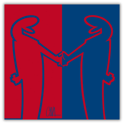 Quadro "MrLINEA, Forza rossoblu!" con due figure stilizzate che si stringono la mano su uno sfondo diviso in rosso e blu.