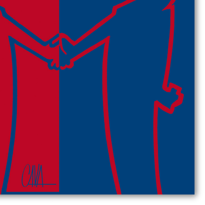 Particolare del Quadro "MrLINEA, Forza rossoblu!" con due figure stilizzate che si stringono la mano su uno sfondo diviso in rosso e blu.