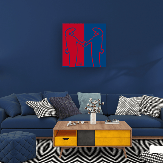Arte grafica "MrLINEA, Forza rossoblu!" con due figure stilizzate che si stringono la mano su uno sfondo diviso in rosso e blu.