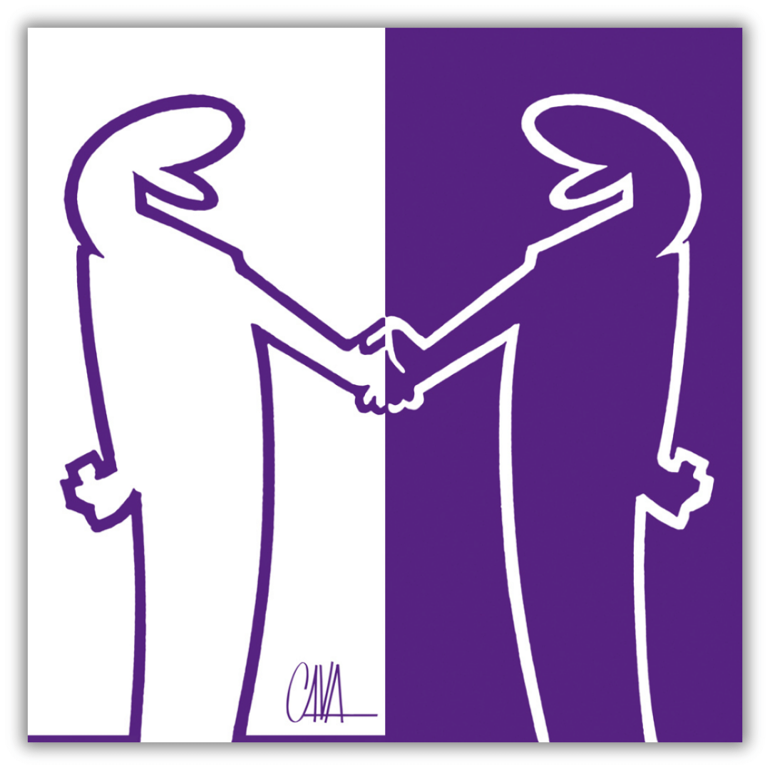 Quadro MrLINEA, Forza viola! con due figure stilizzate in bianco che si stringono la mano su sfondo diviso in bianco e viola.