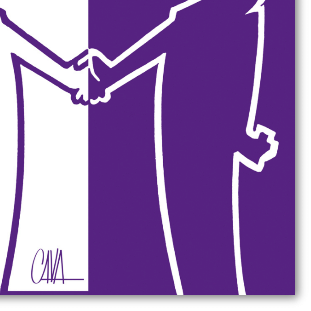 Particolare del quadro di MrLINEA, Forza viola! con due figure stilizzate in bianco che si stringono la mano su sfondo diviso in bianco e viola.