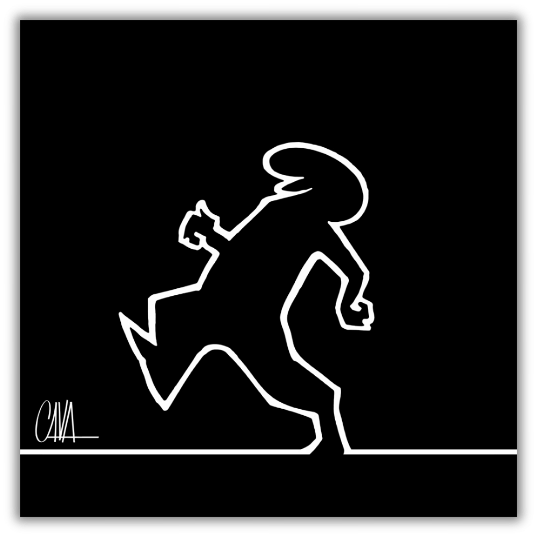 Quadro 'MrLINEA walking left', la rappresentazione artistica del movimento e del minimalismo firmata Cavandoli, con Linea bianca su fondo nero, per un tocco di classe.