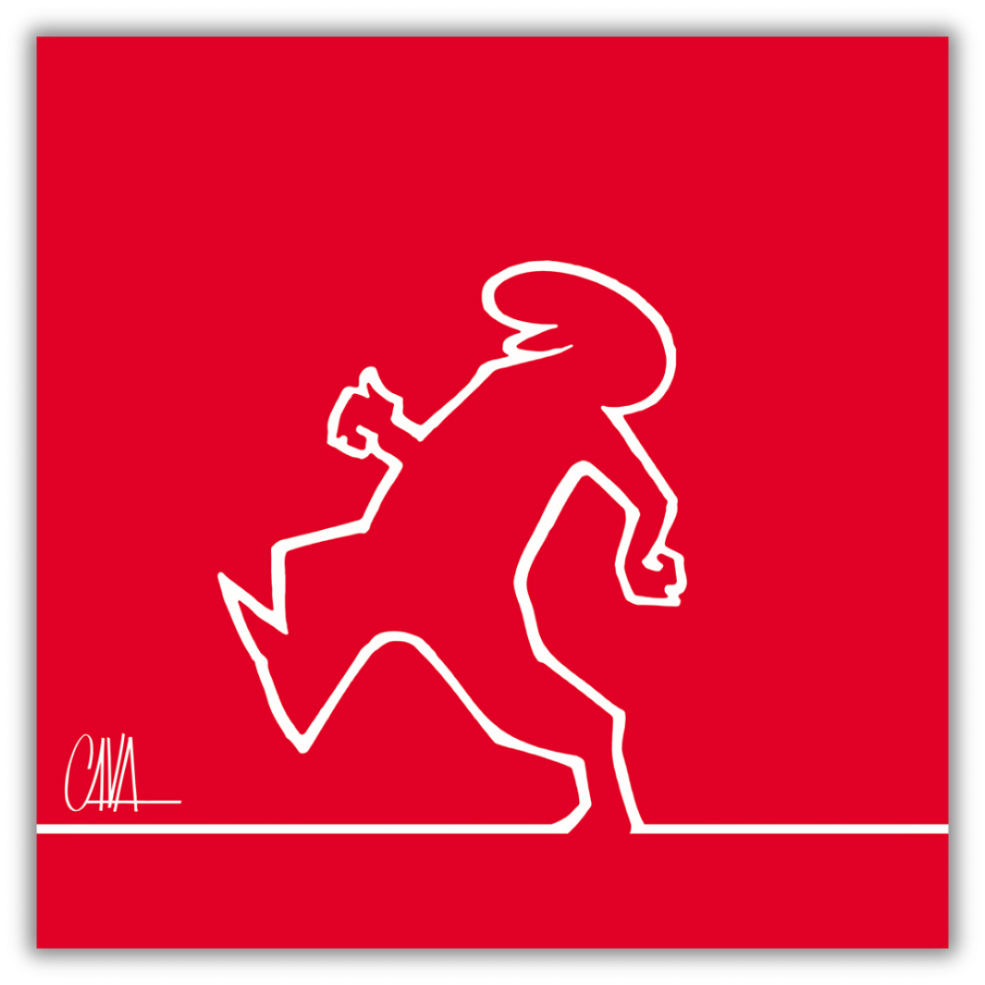 Quadro di 'MrLINEA walking left', la rappresentazione artistica del movimento e del minimalismo firmata Cavandoli, con Linea bianca su fondo rosso, per un tocco di classe.