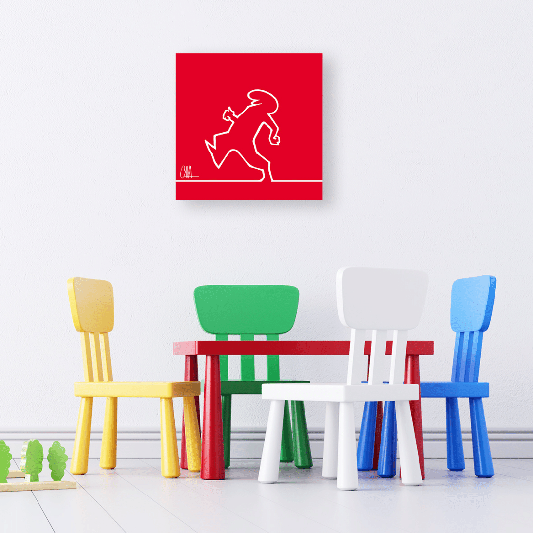 Ambientazione 'MrLINEA walking left', la rappresentazione artistica del movimento e del minimalismo firmata Cavandoli, con Linea bianca su fondo rosso, per un tocco di classe.