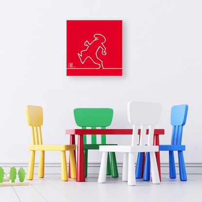 Ambientazione 'MrLINEA walking left', la rappresentazione artistica del movimento e del minimalismo firmata Cavandoli, con Linea bianca su fondo rosso, per un tocco di classe.