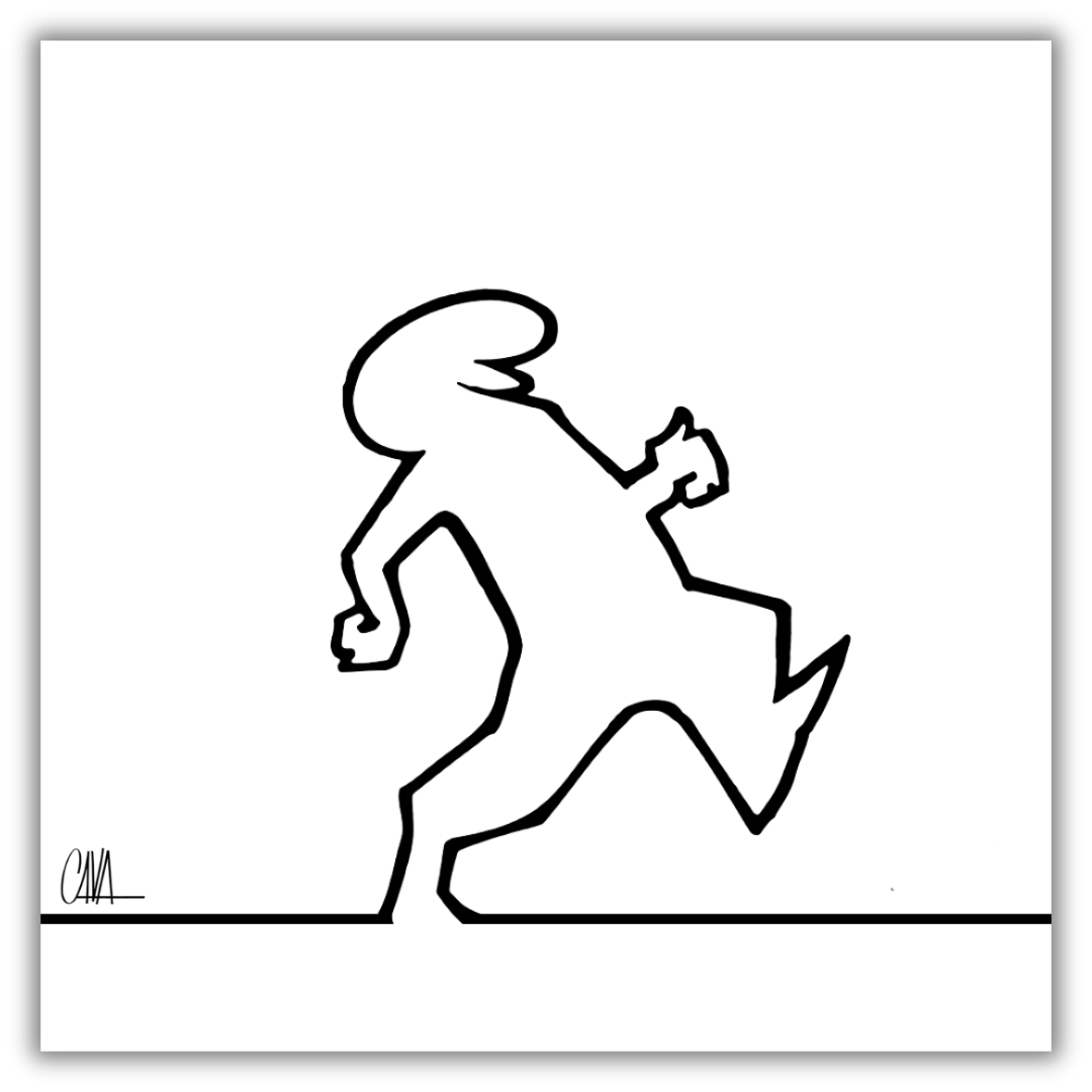 Quadro Illustrazione minimalista in bianco e nero di Mr. Linea camminando verso destra su sfondo bianco, con firma dell'artista Osvaldo Cavandoli.