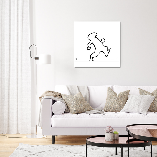 Ambientazione Illustrazione minimalista in bianco e nero di Mr. Linea camminando verso destra su sfondo bianco, con firma dell'artista Osvaldo Cavandoli.