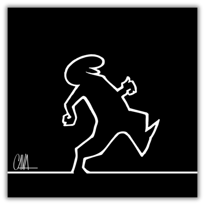 Quadro Illustrazione minimalista in bianco e nero di Mr. Linea camminando verso destra su sfondo nero, con firma dell'artista Osvaldo Cavandoli.