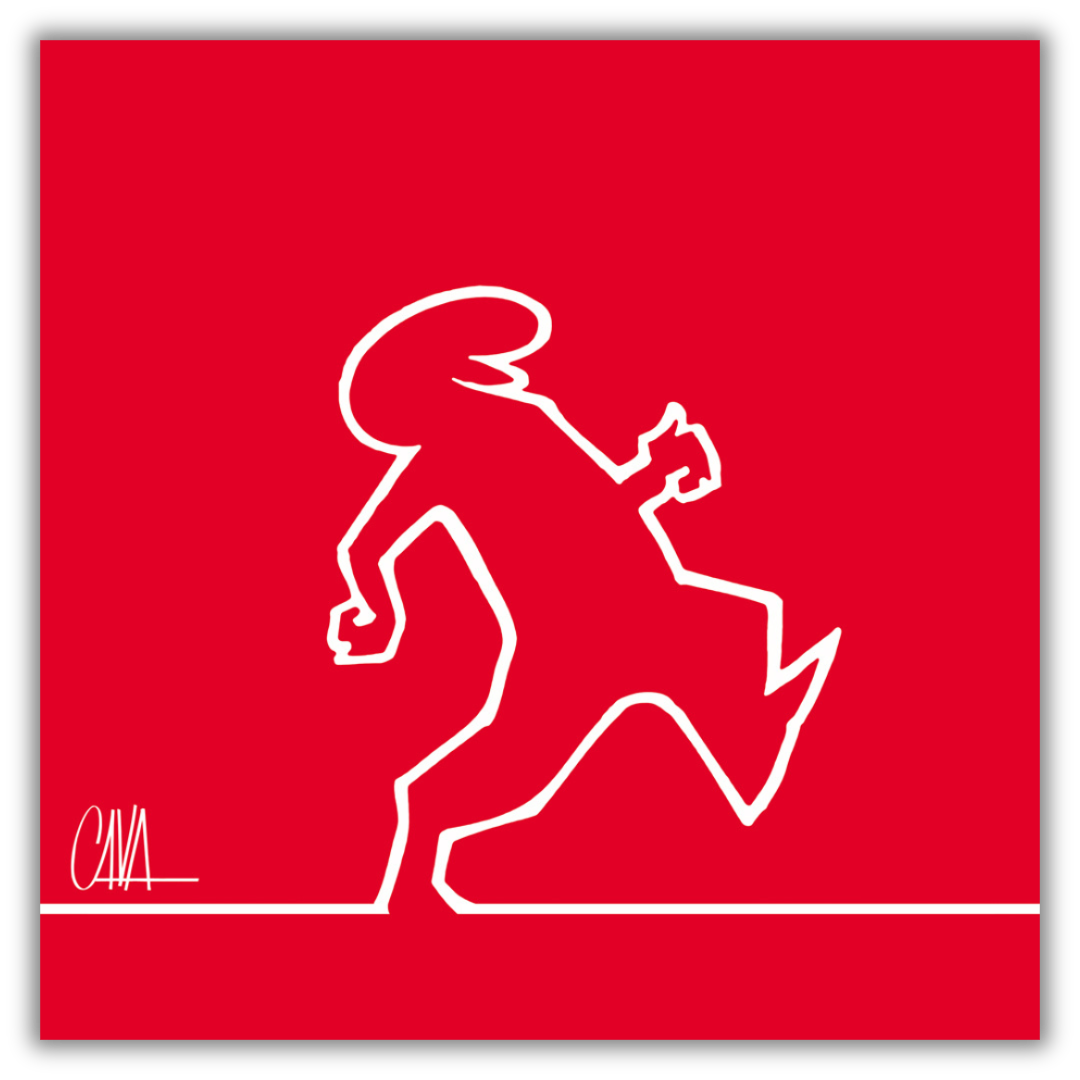 Quadro Illustrazione minimalista di Mr. Linea camminando verso destra su sfondo rosso, con firma dell'artista Osvaldo Cavandoli.