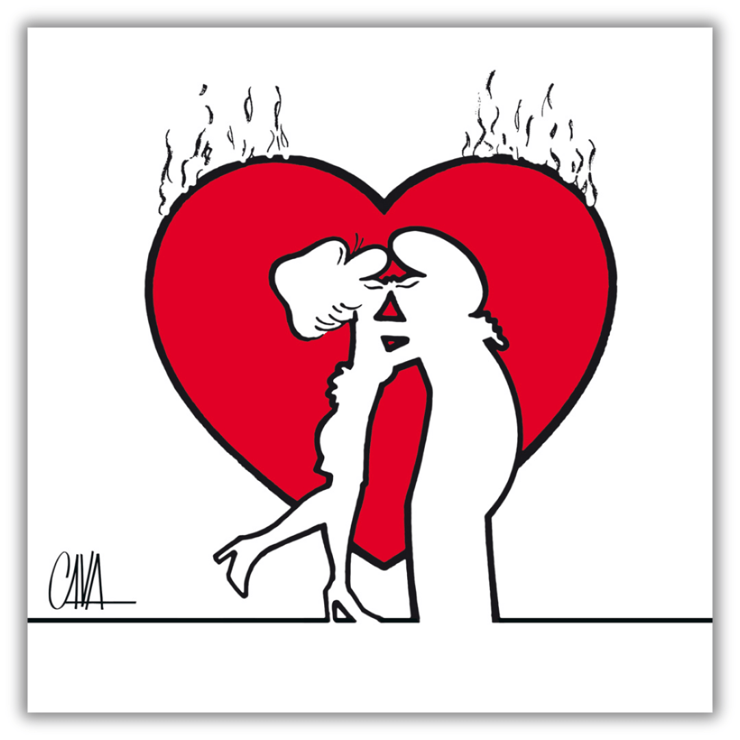 Quadro di Cavandoli raffigurante MrLINEA in un tenero bacio, simbolo di passione, su un cuore rosso sfavillante.