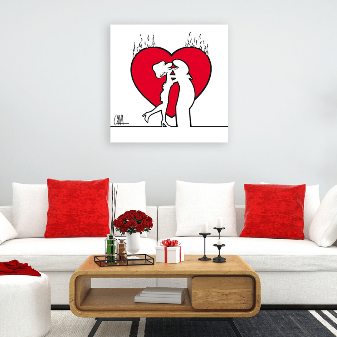 Ambientazione Quadro di Cavandoli raffigurante MrLINEA in un tenero bacio, simbolo di passione, su un cuore rosso sfavillante.