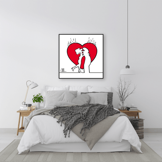 Ambientazione del Quadro di Cavandoli raffigurante MrLINEA in un tenero bacio, simbolo di passione, su un cuore rosso sfavillante.