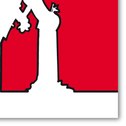 Dettaglio dell'Icona artistica 'MrLINEA Just Married' di Cavandoli, con figure stilizzate su sfondo rosso che celebrano il matrimonio.